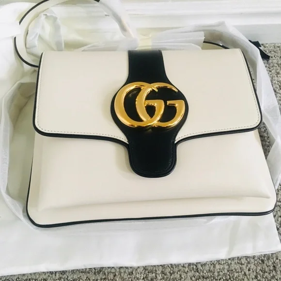 New Authentic Gucci  Leather Shoulder Bag Medium Black White - Picture 9 of 13